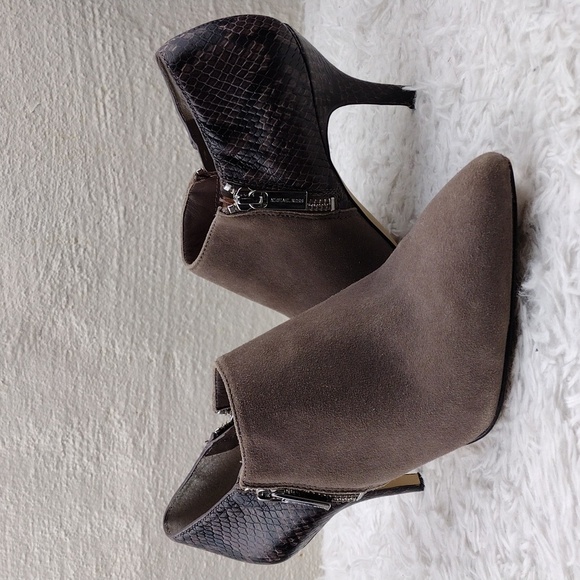 MICHAEL Michael Kors Shoes - Michael Michael Kors Taupe Suede Snake Leather Pointed-Toe Skinny Heel Bootie